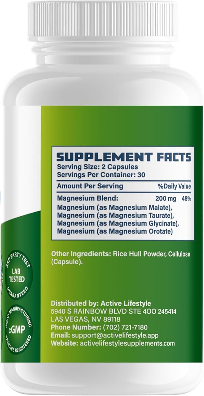 Active Lifestyle 4X Magnesium Supplement Magnesium Glycinate Taurate Malate Orotate Complex Calm Sleep GMO Free Gluten Free Soy Free Dairy Free Lab Tested Made in USA