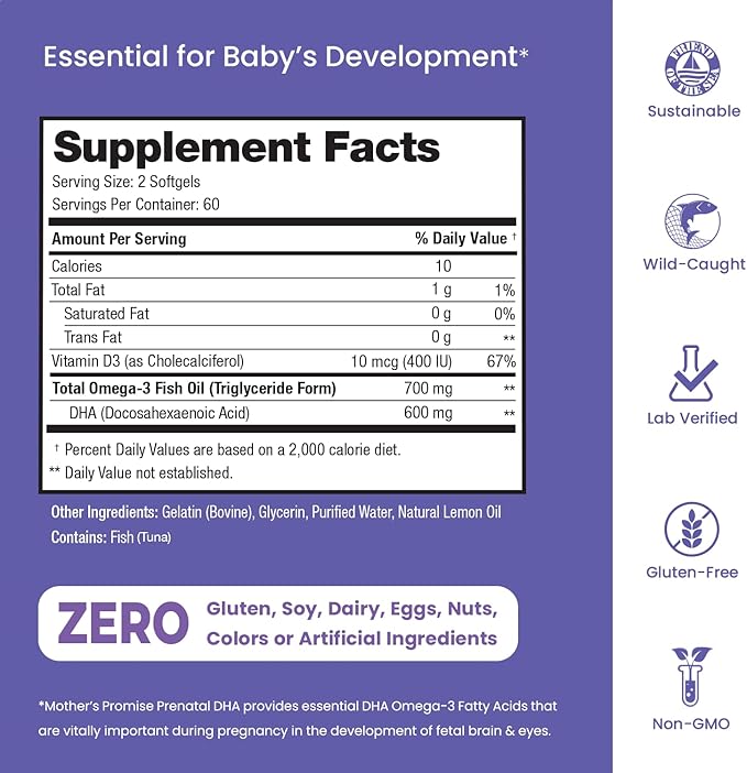 Prenatal DHA for Women 600mg + 400 IU Vitamin D3 | 120 Softgels | Supports Brain Health | Triglyceride Omega 3 Fish Oil DHA Prenatal Vitamins for Pregnancy &amp Nursing | 300mg per Capsule