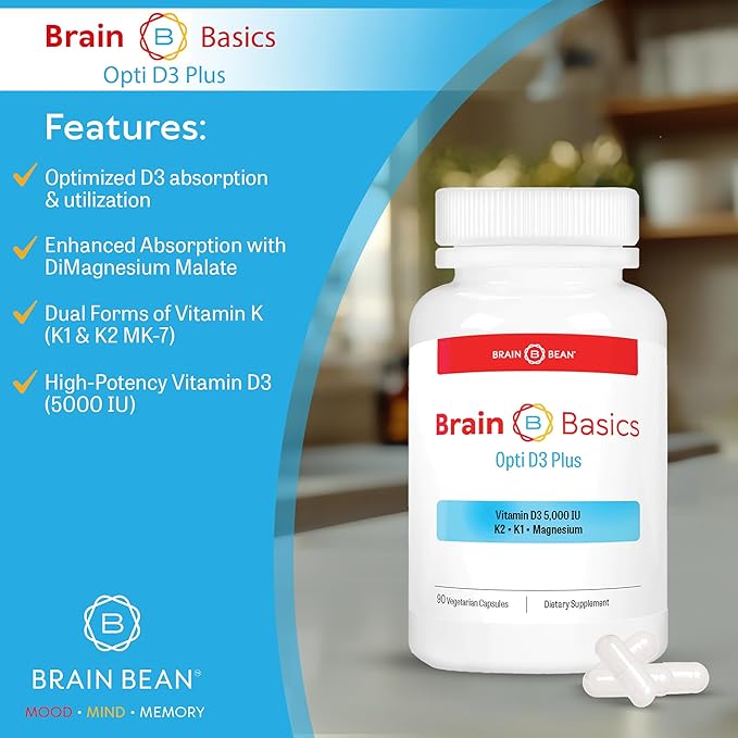 Brain Basic Opti D3 Plus - Vitamin D3 5000 IU with K1 K2 and Magnesium - Brain Support Supplement for Mood Mind Memory - Bone Muscle and Immune Health - Gluten Free Soy Free and Dairy Free