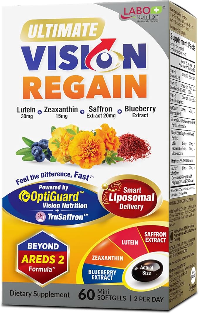 LABO Nutrition Ultimate VisionREGAIN Eye Vitamin Beyond AREDS 2 Formula with Lutein Zeaxanthin Saffron Extract Blueberry for Macular and Retinal Health Eye Fatigue Night Vision Support 60 Counts