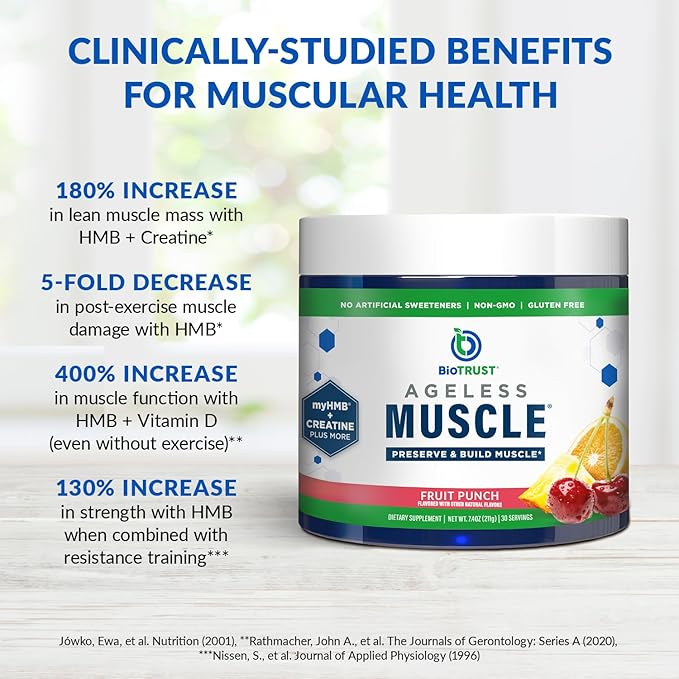 BioTrust Ageless Muscle Builder - Creatine HMB Powder with Vitamin D3 &amp Betaine - Build &amp Preserve Naturally Declining Muscle Mass &amp Strength - Fruit Punch 60 Servings