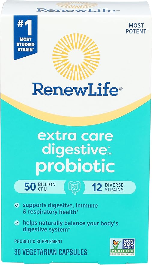 Renew Life Extra Care Go-Pack Probiotic Capsules Daily Supplement Supports Immune Digestive and Respiratory Health L. Rhamnosus GG Dairy Soy and gluten-free 50 Billion CFU 30 Ct