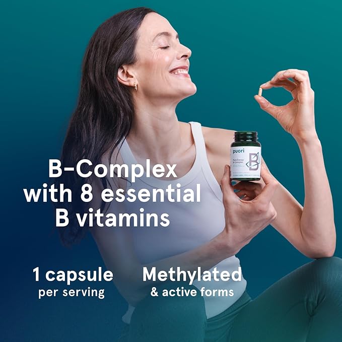 Puori Pure Energy Vitamin B-Complex with 8 Essential Vitamins - Active &amp Methylated B Vitamins (Thiamin Riboflavin Niacin B6 Folate &amp B12) - Biotin Inositol Pantothenic Acid &amp Cholin