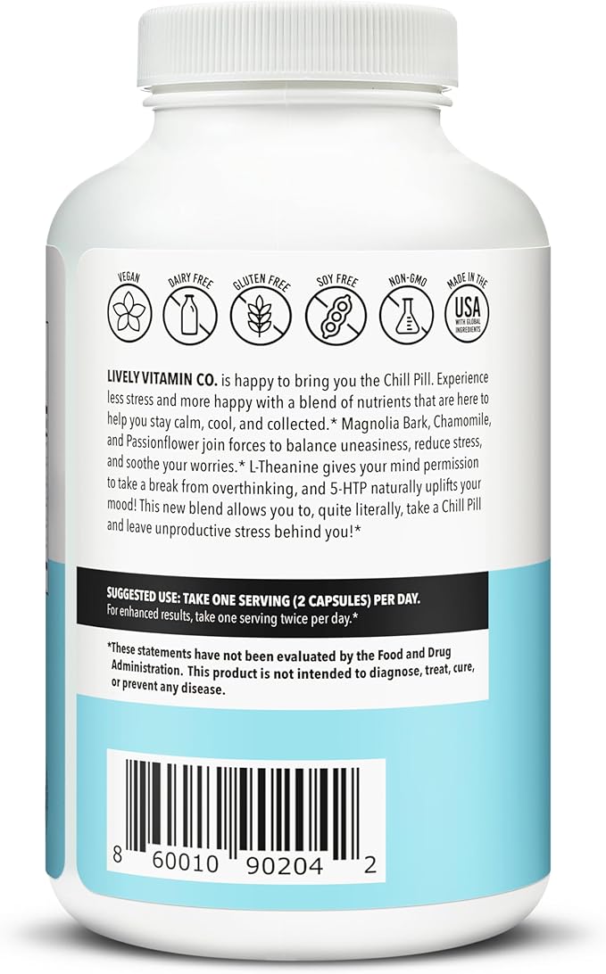 LIVELY VITAMIN CO. Chill Pill - Calm Mood - Relax - Restful Deep Sleep - REM - Stress - Anxiousness - Magnolia Bark - Chamomile - L-Theanine - Passionflower - 5-HTP - 180 Vegan Capsules