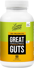 LIVELY VITAMIN CO. Great Guts Probiotic - 100 Billion CFU Probiotic - Balance Gut Microbiome GI Tract Inflammation Indigestion Reflux Upset Stomach &amp Diarrhea - 60 Caps