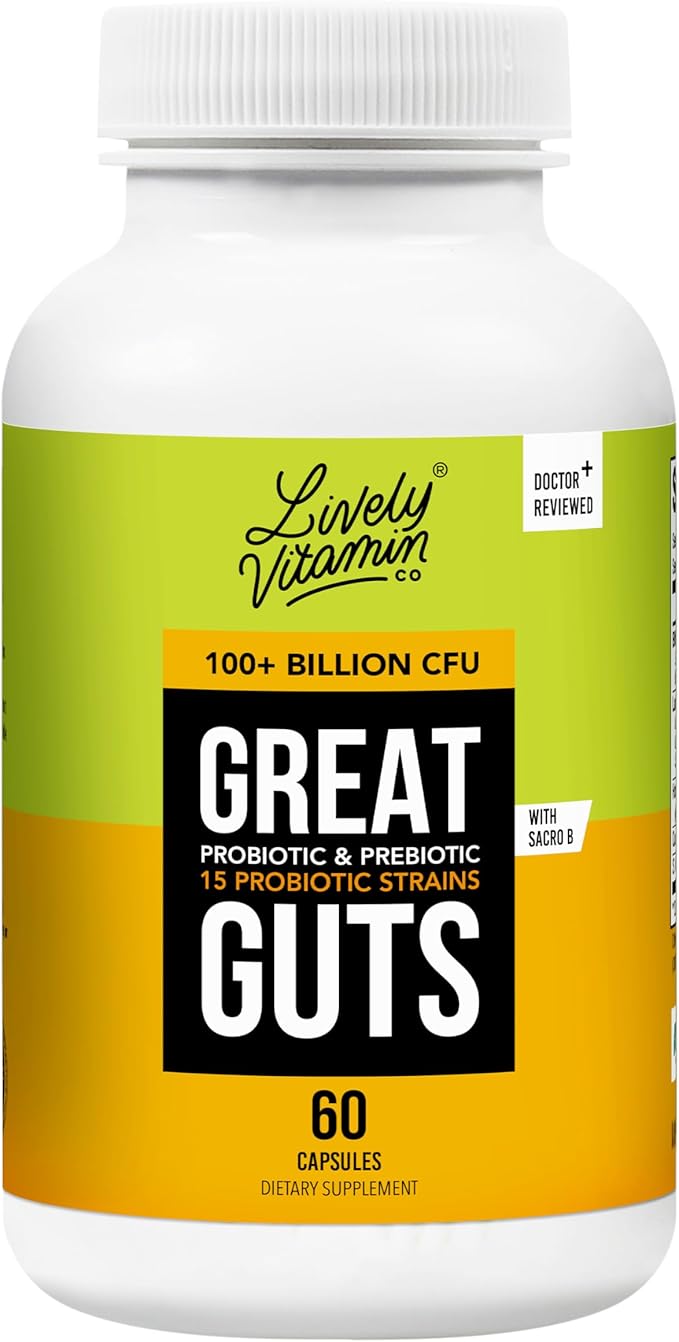 LIVELY VITAMIN CO. Great Guts Probiotic - 100 Billion CFU Probiotic - Balance Gut Microbiome GI Tract Inflammation Indigestion Reflux Upset Stomach &amp Diarrhea - 60 Caps