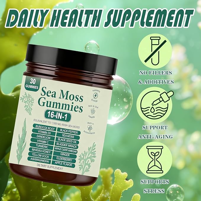 Sea Moss Gummies 16-in-1 Organic Irish Sea Moss Supplement for Immune Support Digestion Energy - Vegan Non-GMO