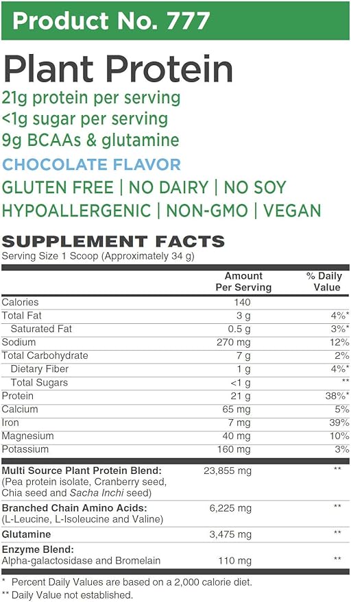 Plant Protein (Premium Blend) - No Soy Hypoallergenic No Grit (Featuring Omega 3 Rich Sacha Inchi and Chia) - 1.1 lb (510G) - Chocolate