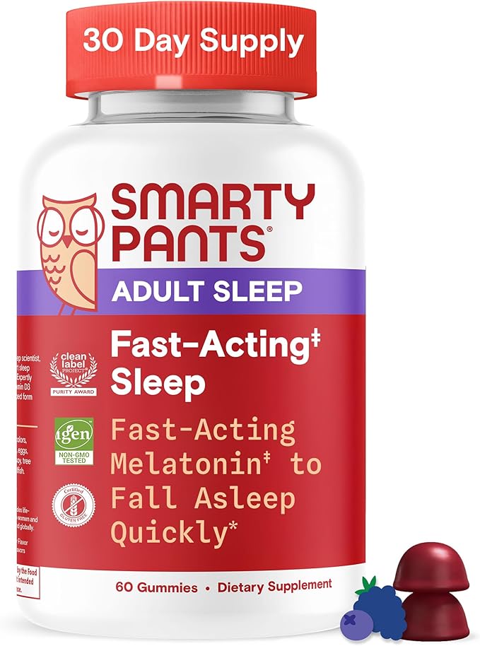 SmartyPants Adult Sleep Gummies with Melatonin: Magnesium &amp L-Theanine Drug-Free Non-Habit Forming Sleep Aid Fast-Acting Blueberry BlackBerry Flavor 60 Count
