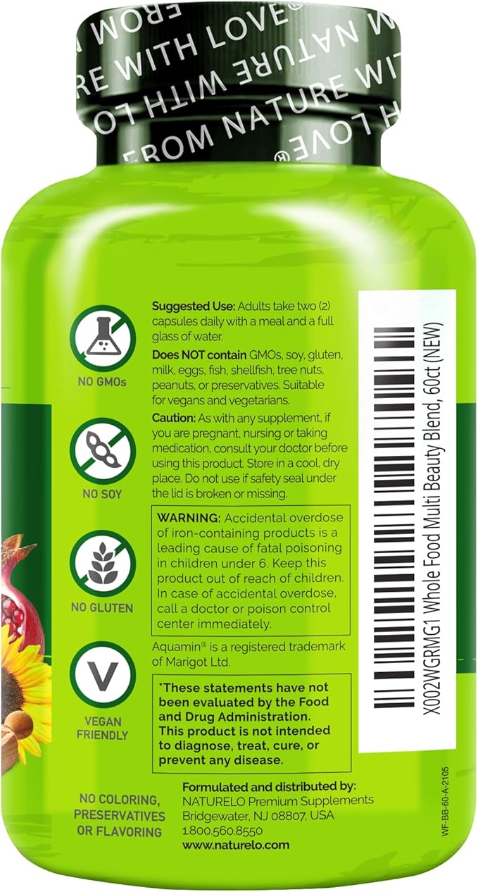 NATURELO Whole Food Multivitamin with Extra Hair Skin &amp Nails Support - Beauty Blend with Hyaluronic Acid &amp Grape Seed - High Potency Biotin Vitamin C &amp Glutathione 60 Vegan Capsules (