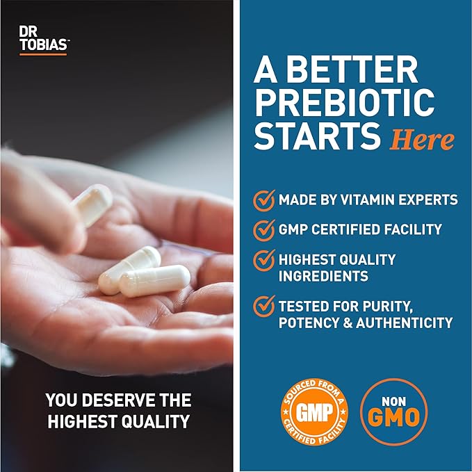 Dr. Tobias Prebiotics Digestive Support Advanced Prebiotic Supplement for Gut Health Immune Function &amp Boost for Probiotics for Women &amp Men Vegan Non-GMO 90 Capsules 90 Servings
