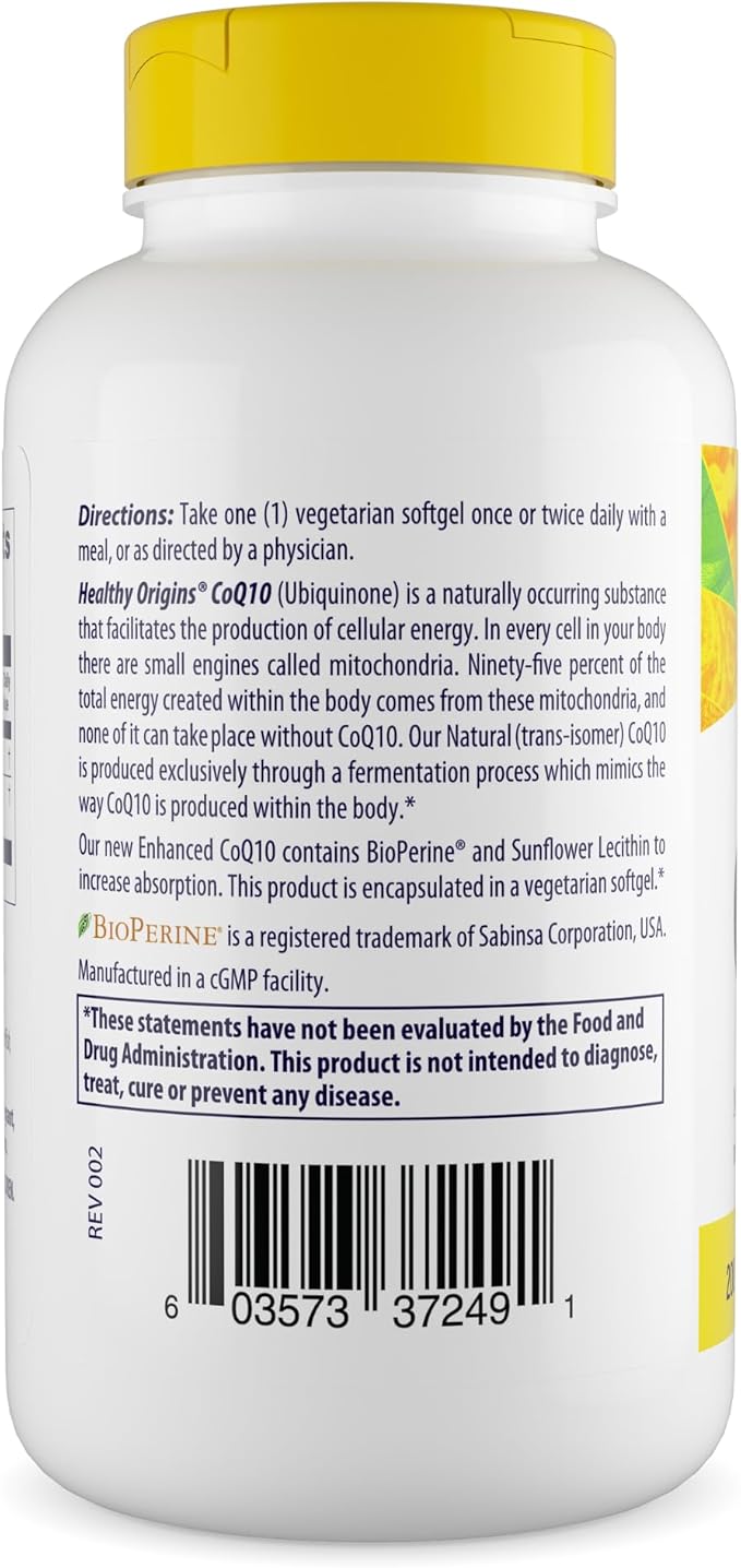 Healthy Origins Natural Enhanced CoQ10 (BioPerine®) 200 mg - Heart Health &amp Energy Supplement - Gluten-Free &amp Non-GMO Supplements with BioPerine &amp Sunflower Lecithin ((Pack of 1) 150 Veg