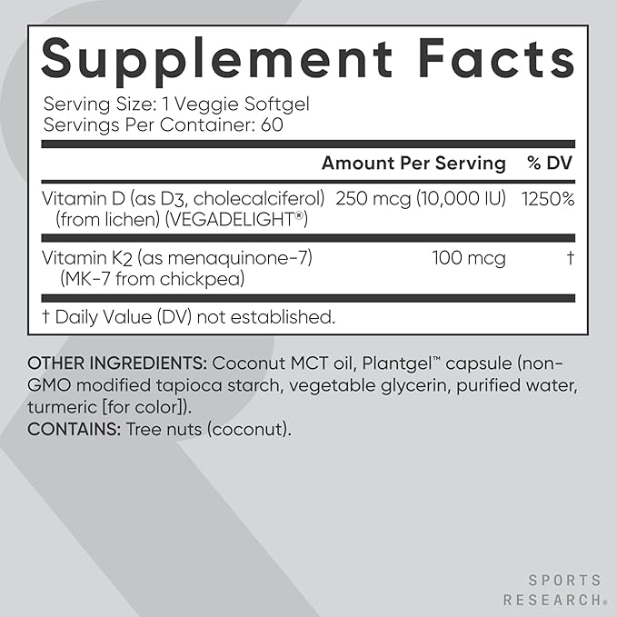 Sports Research® Vitamin D3 + K2 with 10000iu of Plant-Based D3 &amp 100mcg of Vitamin K2 as MK-7 | Non-GMO Verified &amp Vegan Certified 60ct