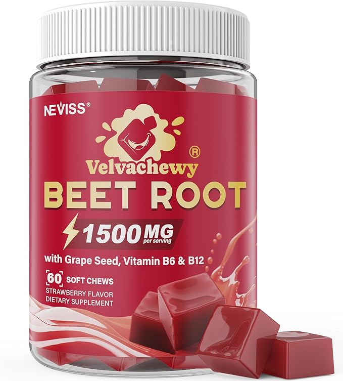 NEVISS Beet Héāŗt Chews 1500mg Nitric Oxide and Blood Préssũre Support 5 in 1 Beets Supplements w/Grape Seed L-Citrulline Vitamin B6 &amp B12 for Energy &amp Circulation Support 60 Chews Sugar
