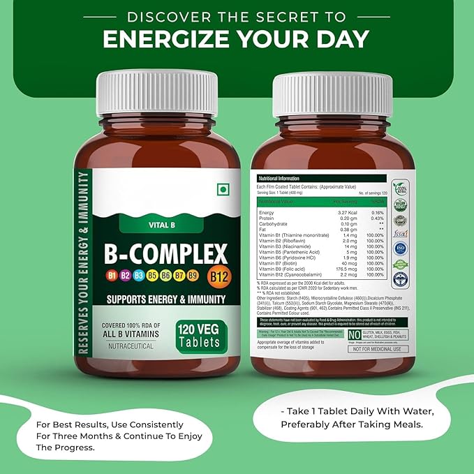 Vitamin B Complex Tablets- 120 Veg Tablets 100% RDA of Vitamin B1 B2 B3 B5 B6 B7 B9 &amp B12 Vitamin B Complex Supplements for Women &amp Men (4 Months Supply Pack)