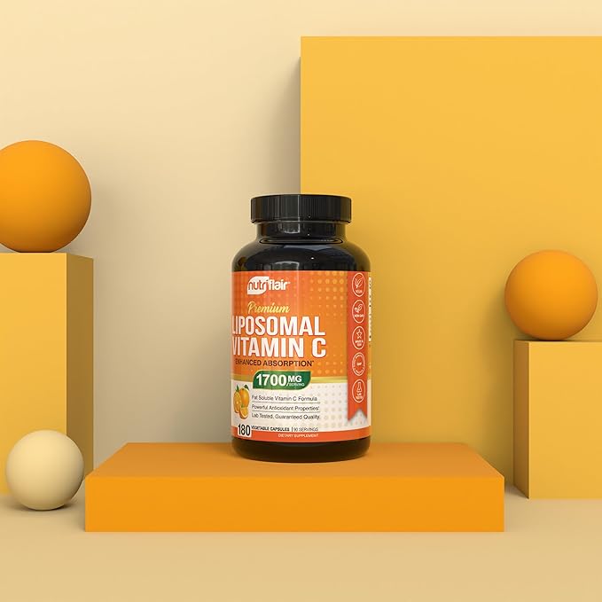 NutriFlair Liposomal Vitamin C 1700mg 180 Capsules - High Absorption Fat Soluble VIT C Higher Bioavailability Immune System Support &amp Collagen Booster Non-GMO Vegan Pills