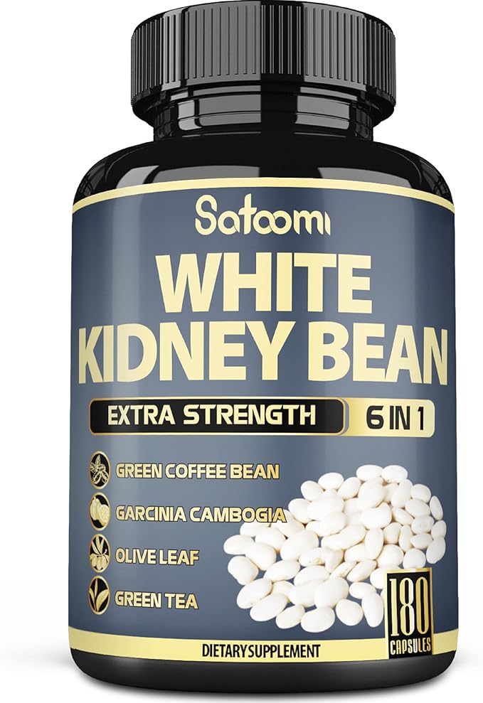 Satoomi 6in1 White Kidney Bean Extract Capsules - 6 Month Supply - Extra Blend with Olive Leaf Green Coffee Bean &amp Green Tea - 180 Counts