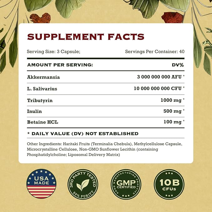 Akkermansia Muciniphila Probiotics and Prebiotics w/Lactobacillus Salivarius &amp Haritaki | Fiber Supplement Gut Health &amp Digestive Health | Women Probiotic Akkermansia Light