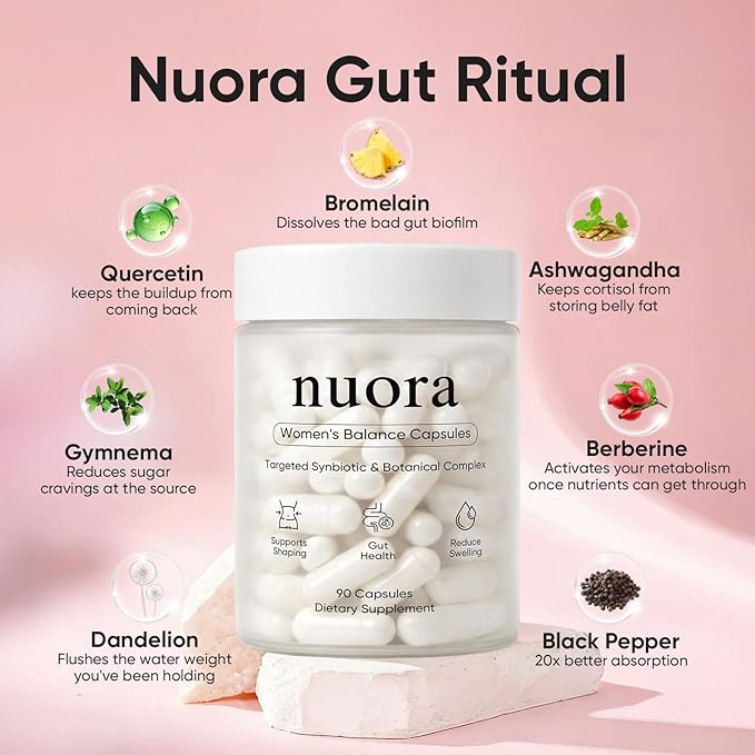 Nuora Bromelain Gut Health Capsules - Gut Biofilm Ritual with Berberine Digestive Balance &amp Metabolism Support for Women Non-GMO 90 Capsules