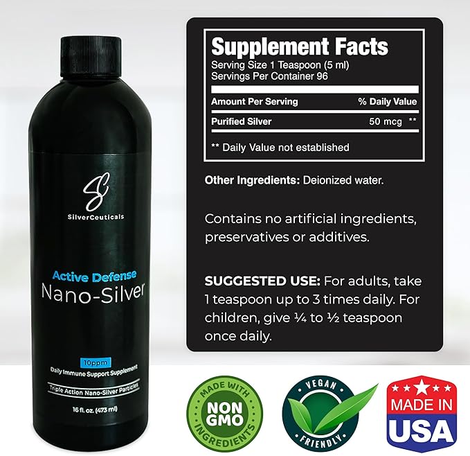 Colloidal Silver w/Nano Technology - 10ppm 16oz - 8X More Effective - Natural Immune Support - Save The Sick Days - Ages 5 &amp Up - Outperforms Higher PPM Silvers - No Taste &amp Smell - 3rd Party