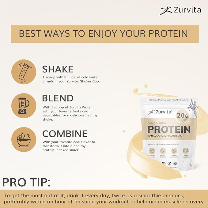 Zurvita - Vanilla Crème Protein Powder- Protein Probiotics No Artificial Sweeteners 24+ Vitamins &amp Minerals 140 Cal/Scoop - 26oz (20 Servings)