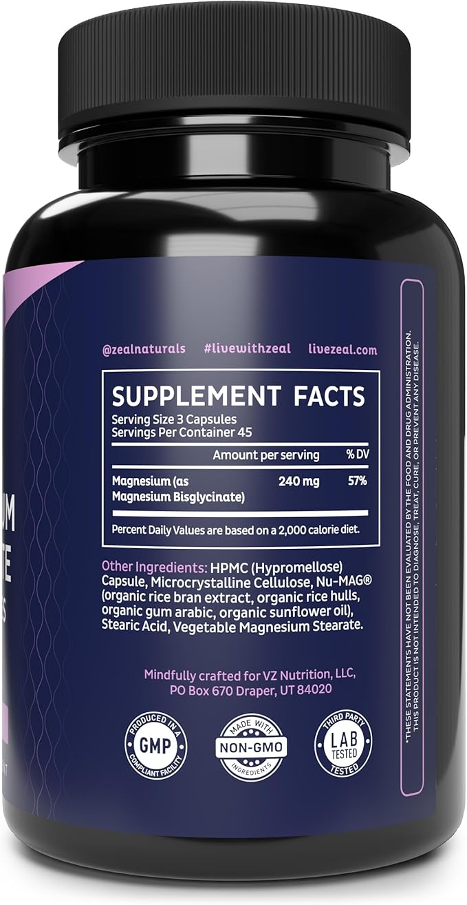 Zeal Naturals Chelated Magnesium Glycinate Supplement - 240mg 135 Capsules | Magnesium for Sleep Muscle Recovery &amp Relaxation | Non-GMO