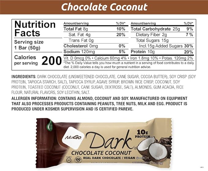 NuGo Dark Variety - Pretzel with Sea Salt 12 Bars &amp Dark Coconut 12 Bars 10-12g Protein Bar Vegan Gluten Free Non-GMO Kosher Pareve 24 Count