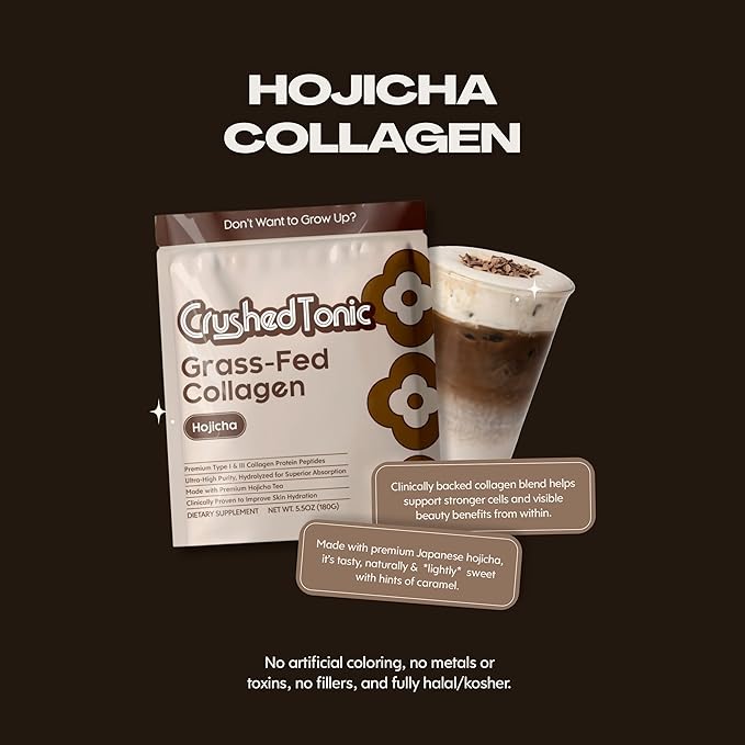 Crushed Tonic Marine Collagen Powder Korean Beauty Drink with Hydrolyzed Collagen Peptides for Skin Hair &amp Nails | Gluten-Free Halal &amp Kosher (Hojicha 30 Servings (150 g) Pouch)