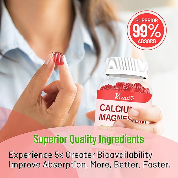 Calcium Magnesium Zinc Gummies with Vitamin D3 &amp K2 High Absorption Magnesium Glycinate Potassium for Immune and Calm Mood Raspberry Flavor 120 Gummies
