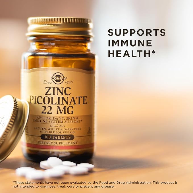 Solgar Zinc Picolinate 22 mg 100 Tablets (Pack of 3) - Promotes Healthy Skin - Supports Immune System Normal Taste &amp Vision - Antioxidant - Non-GMO Vegan Gluten Free Kosher - 300 Total Servin