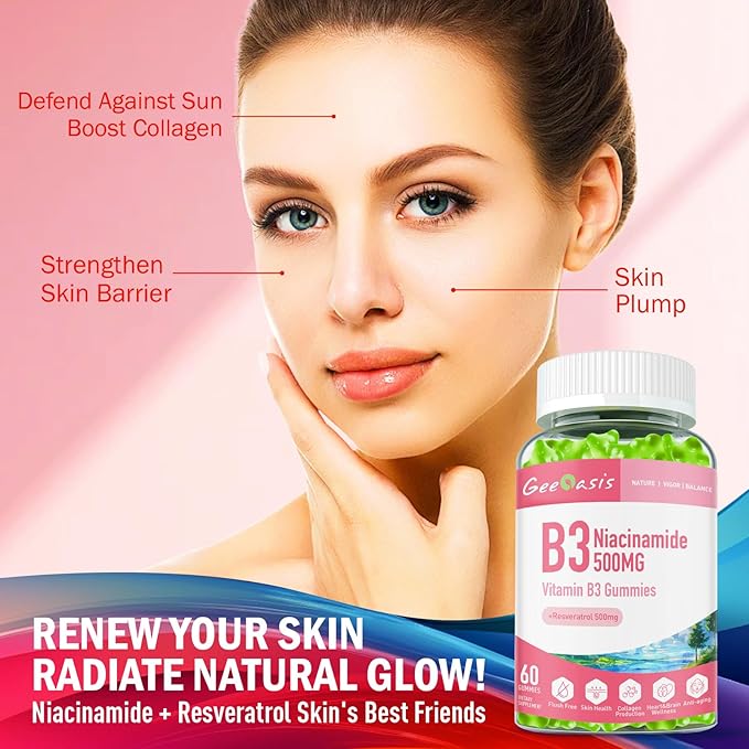 Niacinamide 500mg Gummies Chewable Vitamin B3 Supplement with Resveratrol 500mg High Potency Niacin for Antioxidant Skin &amp Brain Health Immune Support Vegan Apple Flavor 60 Count