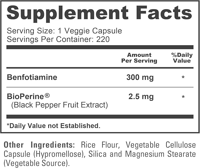 NusaPure Benfotiamine 300mg Per Veggie Caps 220 Count (Non-GMO Vegan) Bioperine