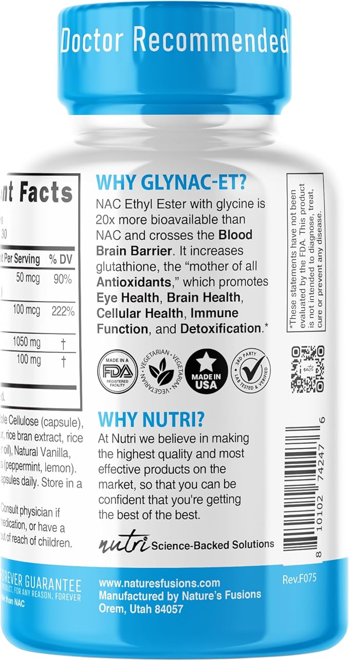 GlyNAC-ET NAC Supplement N-Acetyl Cysteine Ethyl Ester - 20x More Bioavailable Than GlyNAC - Glycine &amp N-acetylcysteine Ethyl Ester Anti Aging Supplement Boost Glutathione (60 Capsules)