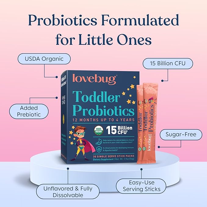 LOVEBUG Kids Probiotic Powder with Prebiotic Fiber - Toddler Immunity Support &amp Constipation Relief - USDA Organic Probiotics for Childrens Gut &amp Digestive Health (Ages 1-4) - 60 Pack (Unflavo