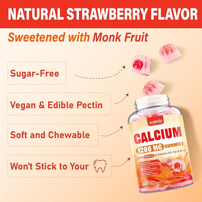 Calcium 1200 mg with Vitamin D3 Supplement for Adults - Calcium Gummies with Vitamin D3 5000IU K2 B12 for Women Men - Extra Absorption Calcium Citrate - Natural Strawberry Flavor 60 Gummies