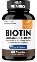 Sandhu's Biotin Collagen &amp Keratin Complex | Supports Normal Hair Growth Cycle | Vitamins for Skin &amp Nails | Hair Supplements for Women &amp Men | Made in USA | 60 Capsule Pills | with Hyalu
