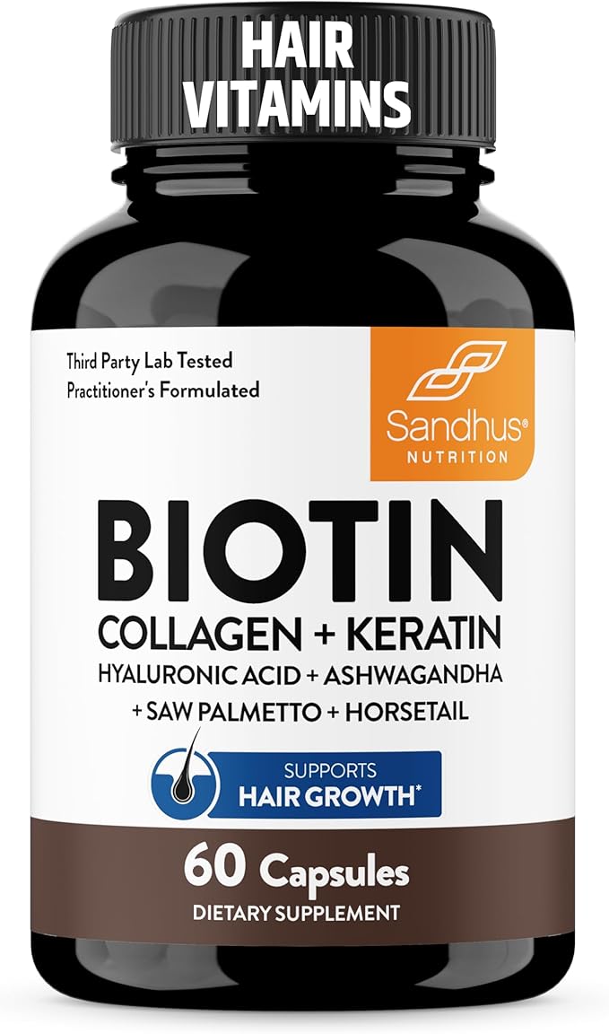 Sandhu's Biotin Collagen &amp Keratin Complex | Supports Normal Hair Growth Cycle | Vitamins for Skin &amp Nails | Hair Supplements for Women &amp Men | Made in USA | 60 Capsule Pills | with Hyalu