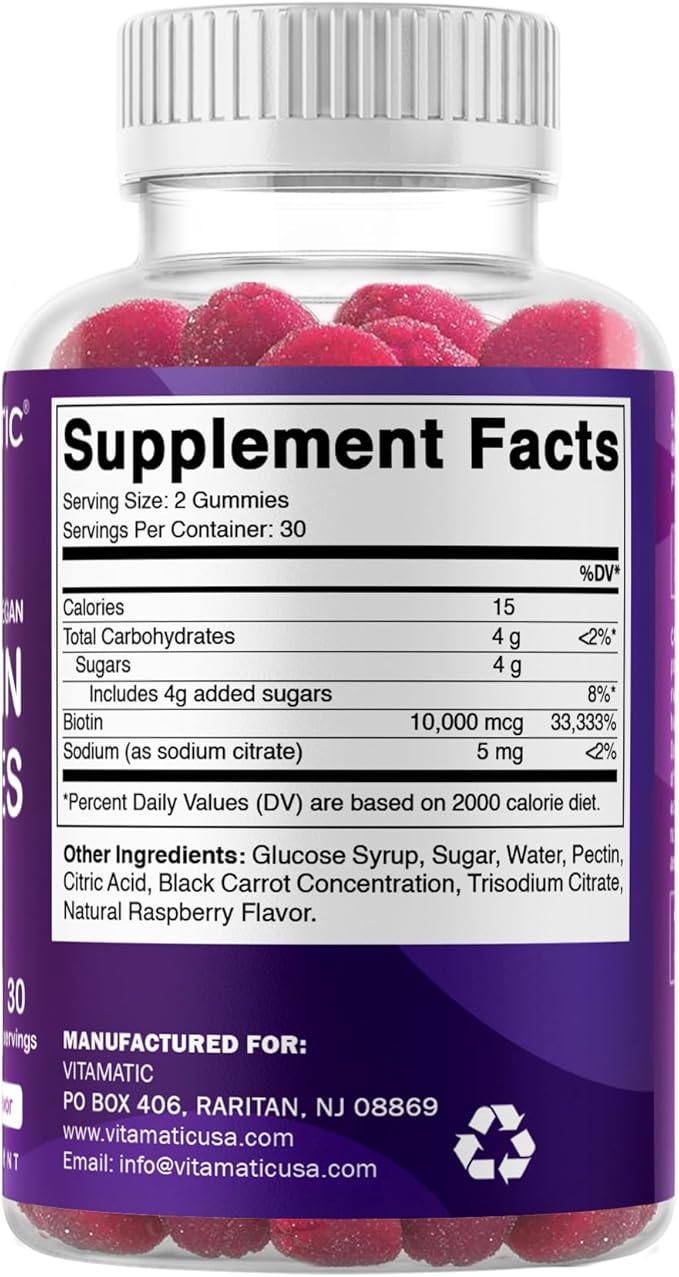 Vitamatic Biotin Gummies 10000 mcg for Stronger Hair Skin &amp Nails - 60 Vegan Gummies - Also Called Vitamin B7 (3 Bottles)