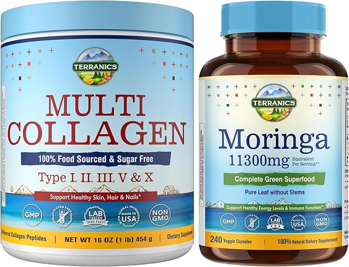 Multi Collagen Peptides Powder &amp Pure Moringa Capsules Bundle – Type I II III V X Hydrolyzed Collagen Powder + 11300mg Moringa Oleifera Leaf Powder – Unflavored Fast-Dissolve No Sugar Keto Non