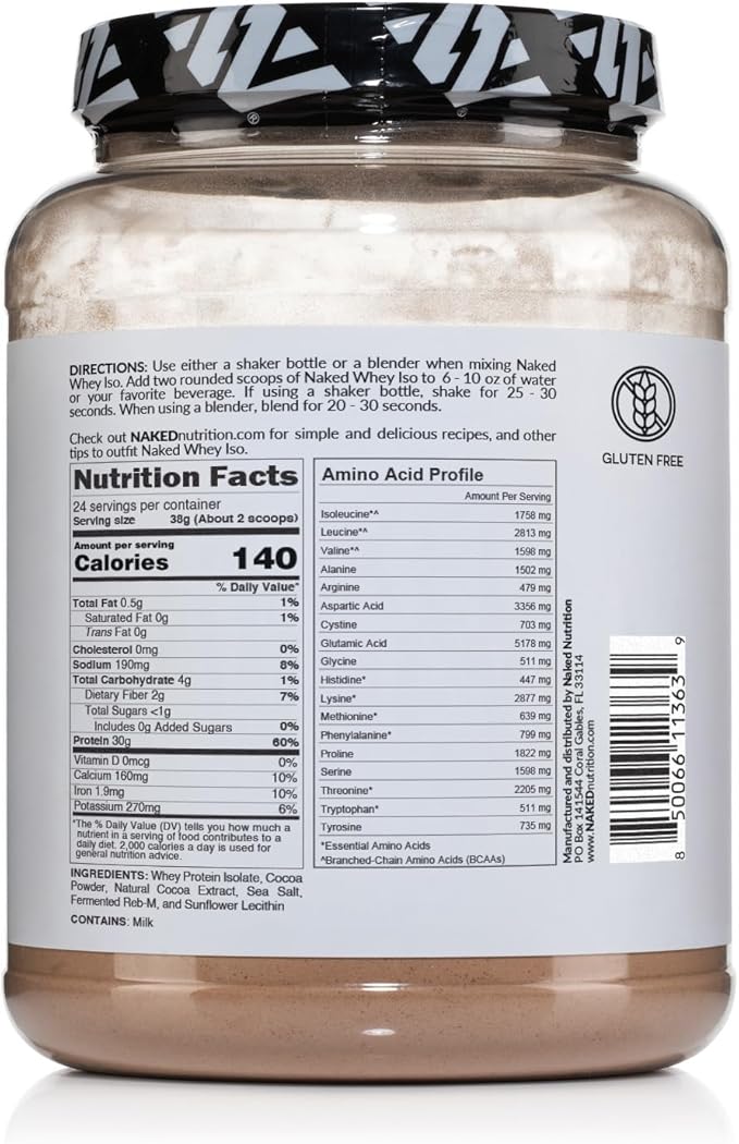 NAKED Chocolate Whey Isolate Protein - Only 6 Ingredients 30g Grass-Fed Protein Undenatured No GMO No Soy Gluten-Free No Preservatives - 24 Servings