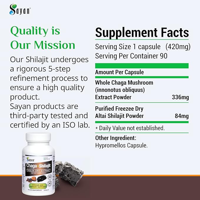 Sayan Siberian Chaga Mushroom Extract with Shilajit 90 Capsules/420mg ea.– Immune and Digestion System Support – Fulvic Acid Supplement – Energy &amp Clarity – Exclusive Blend – No Fillers