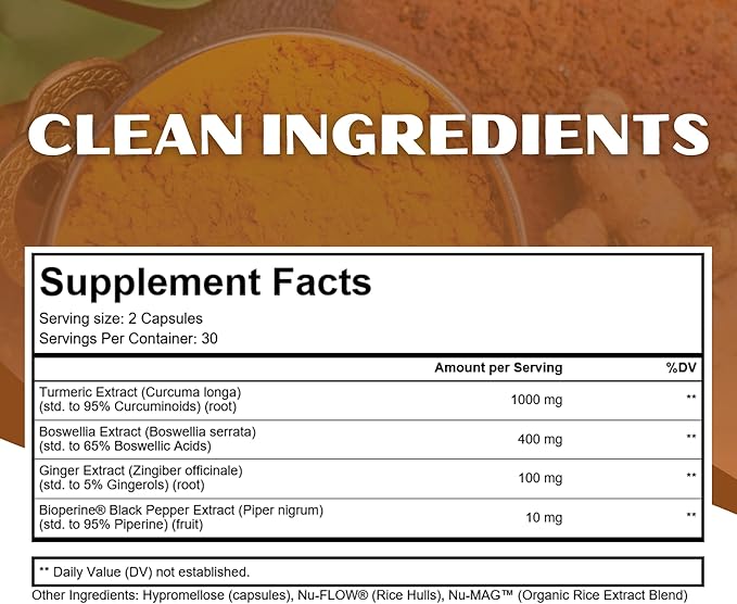 Turmeric &amp Boswellia Supplement - Turmeric Curcumin with Bioperine Black Pepper Extract - 60 Ct