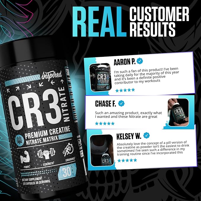Inspired Nutraceuticals CR3 Creatine Capsules - Advanced Creatine Pills with Nitrates for Zero Bloat Muscle Volume &amp Recovery Support - 30 Servings (120 caps)