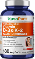 NusaPure Vitamin K2 (MK7) (200mcg) + Vitamin D3 (10000 IU) 180 Veg Caps - Bioperine Soyfree Non-GMO