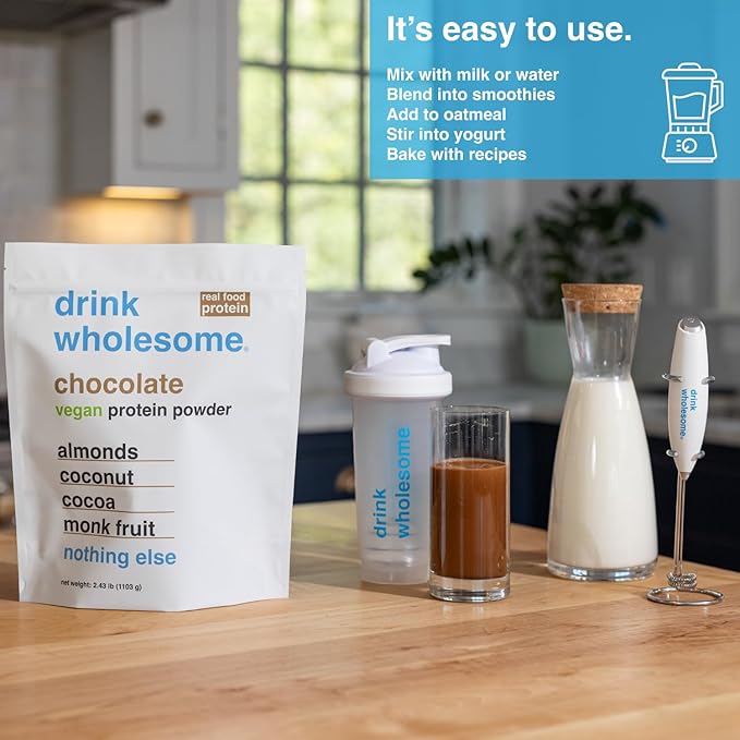 drink wholesome Vegan Chocolate Almond Protein Powder for Sensitive Stomachs | Minimally-Processed Whole-Food Protein | Additive-Free Dairy-Free Gluten-Free | Low Sodium