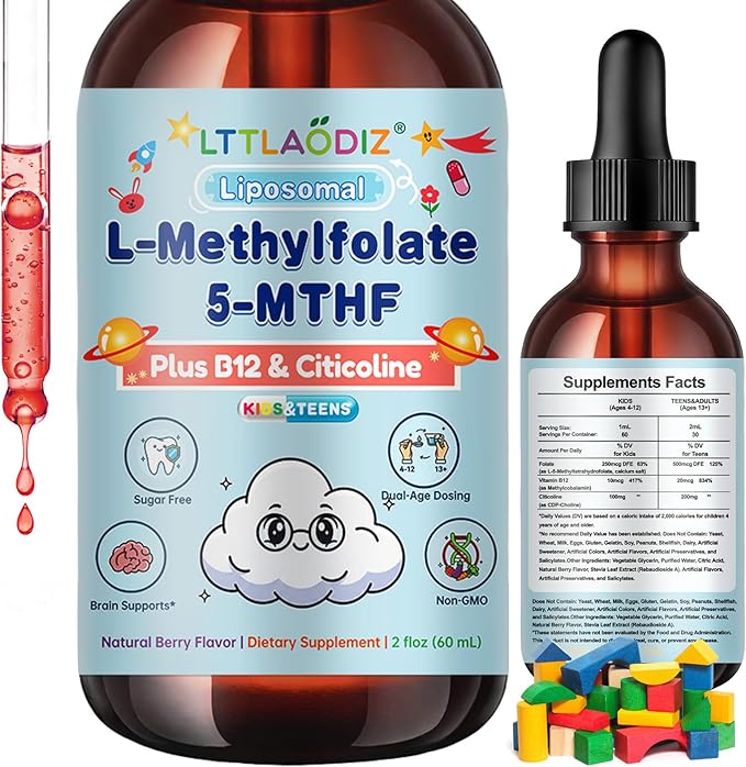 Liposomal L-Methylfolate 5-MTHF Liquid for Kids &amp Teens – High Absorption Methylated Folate with Citicoline &amp Methyl B12 – Supports Focus Clarity &amp Cognitive Development – Sugar-Free Berr