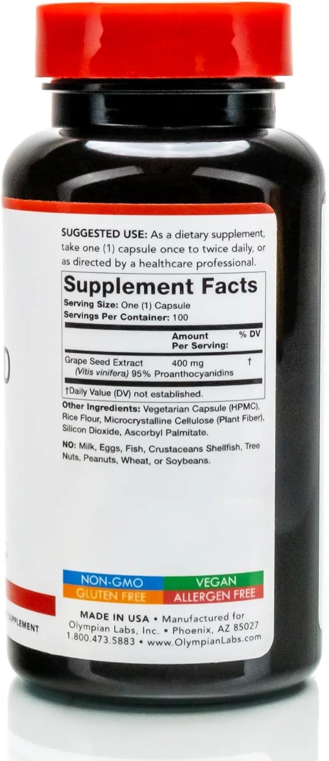 Olympian Labs Grape Seed Extract 400mg Vegan Capsules | Supports Heart &amp Immune Health Antioxidant - 100 Count