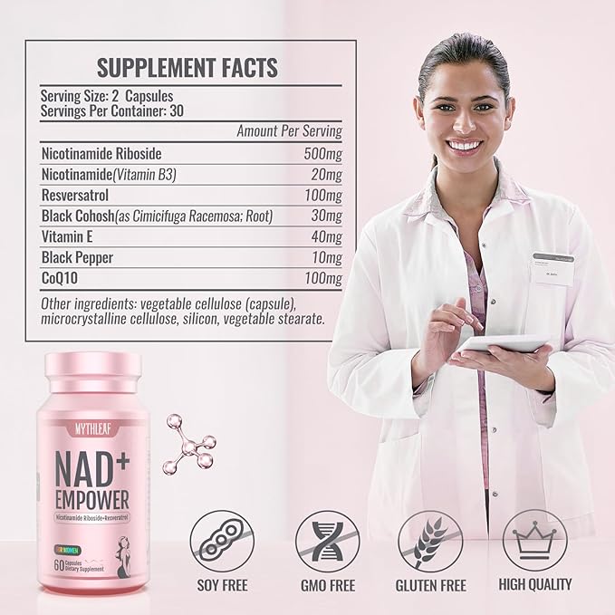 Exclusive NAD+ Supplement for WomenNMN Alternative with Resveratrol CoQ10Black Cohosh Vitamin E for Cellular HealthEnhance Energy Balance Mood 60 Capsules30 Day Supply