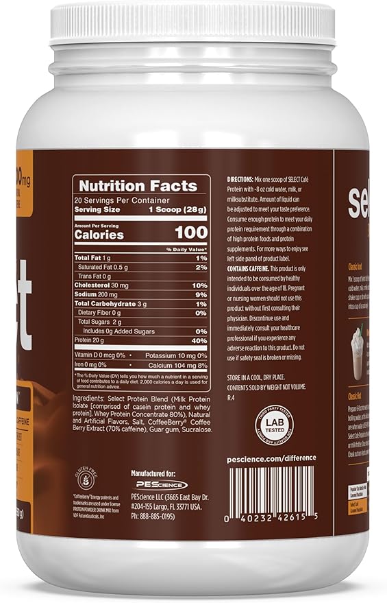 PEScience Select Cafe Protein Coffee Flavored Powder 100mg Caffeine 20g Iced Protein Coffee Powder or Creamer - Caramel Macchiato 20 Servings