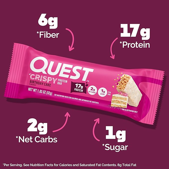 Quest Nutrition Crispy Birthday Cake Protein Bar 17g Protein 1g Sugar 2g Net Carbs Gluten Free Protein Snack Keto Friendly 12 Count